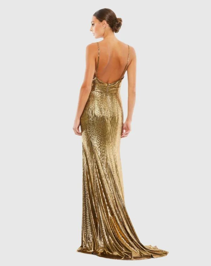 Best Sellers Mac Duggal Women Gold Metallic Faux Wrap Spaghetti Strap Gown Bronze