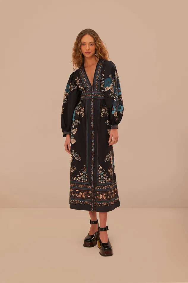 Blossom Tapestry Black Midi Dress Women Farm Rio Midi Dresses