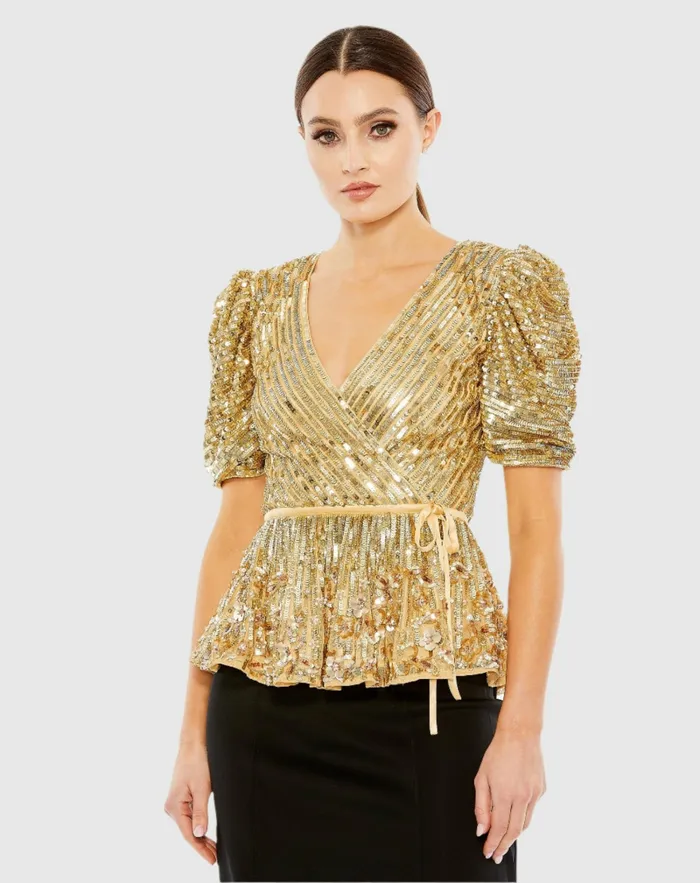 Blouses and Tops Mac Duggal Women Sequined Puff Sleeve Faux Wrap Top 8211 FINAL SALE Gold Blouses and Tops Mac Duggal Women Sequined Puff Sleeve Faux Wrap Top 8211 FINAL SALE Gold