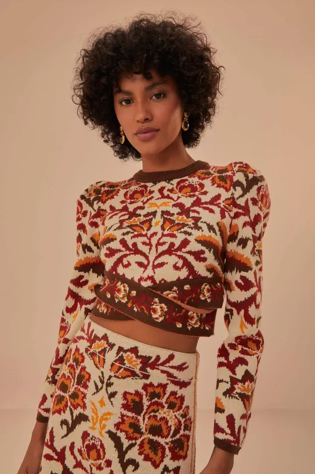 Cream Toucans Scarf Knit Top Women Farm Rio Crop Tops