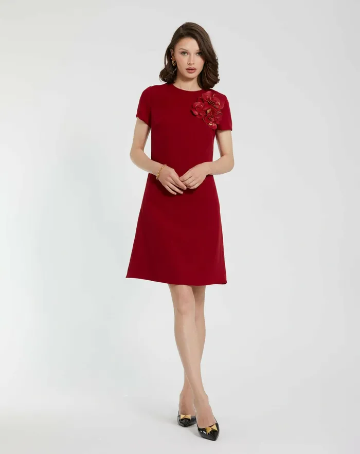 Crepe Cap Sleeve Mini Dress With 3D Flower Details Garnet Every Day Dresses Mac Duggal Women Crepe Cap Sleeve Mini Dress With 3D Flower Details Garnet Every Day Dresses Mac Duggal Women