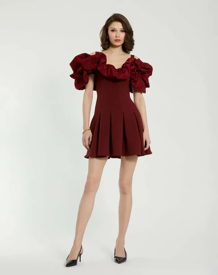 Crepe Godet Hem Mini Dress With Faille Ruffle Oxblood Every Day Dresses Mac Duggal Women Crepe Godet Hem Mini Dress With Faille Ruffle Oxblood Every Day Dresses Mac Duggal Women
