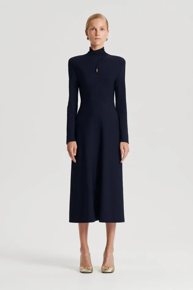CREPE KNIT TURBAN TWIST DRESS NAVY Women Dresses Scanlan Theodore CREPE KNIT TURBAN TWIST DRESS NAVY Women Dresses Scanlan Theodore