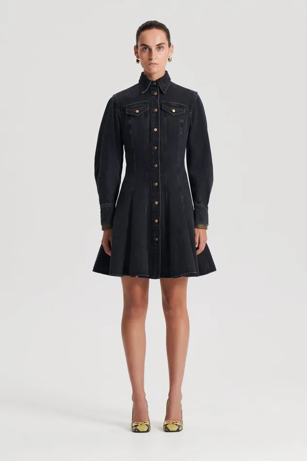 DENIM MINI DRESS WASHED BLACK G Dresses Scanlan Theodore Women DENIM MINI DRESS WASHED BLACK G Dresses Scanlan Theodore Women
