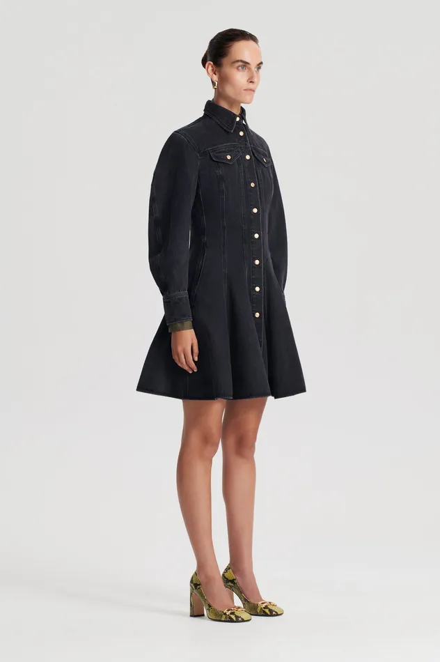 DENIM MINI DRESS WASHED BLACK G Dresses Scanlan Theodore Women DENIM MINI DRESS WASHED BLACK G Dresses Scanlan Theodore Women