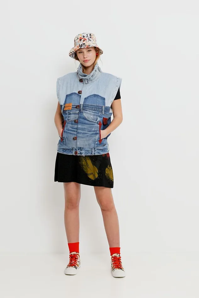 Desigual Mickey Mouse Icon Denim Vest 8211 Red Women Jackets