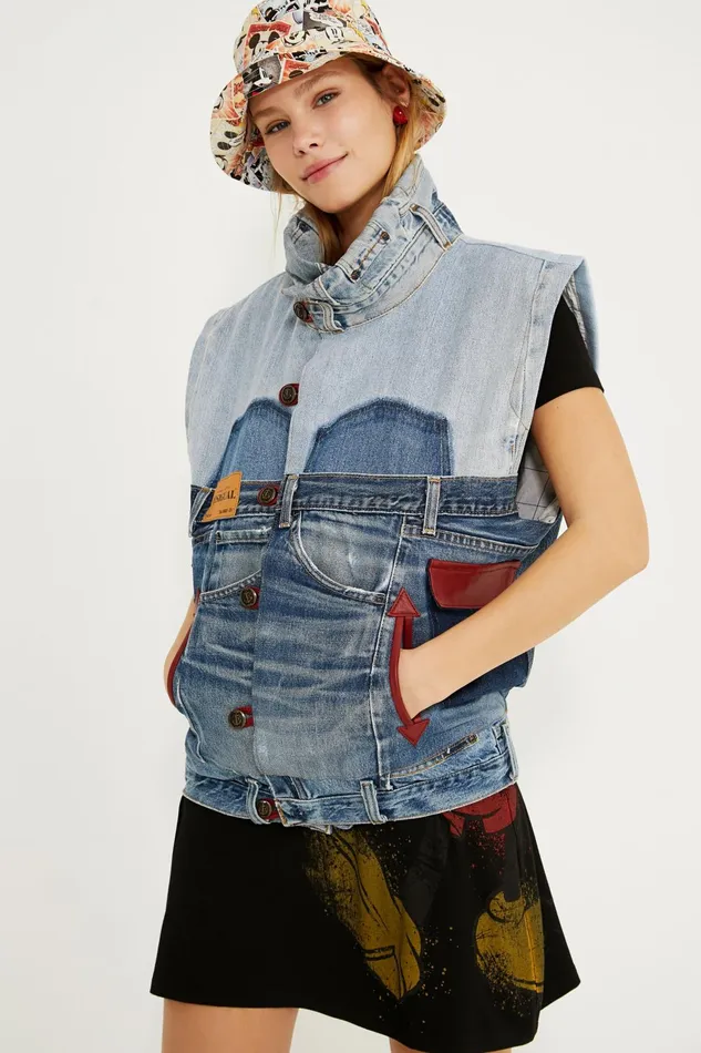 Desigual Mickey Mouse Icon Denim Vest 8211 Red Women Jackets