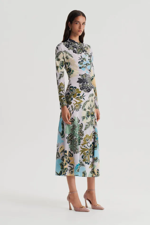 Dresses Scanlan Theodore Women SILK PRINT GATHER DRESS PALEGREY Dresses Scanlan Theodore Women SILK PRINT GATHER DRESS PALEGREY