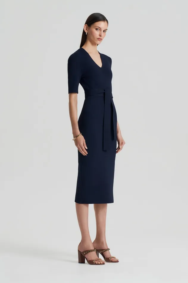 Dresses Women Scanlan Theodore CREPE KNIT V NECK DRESS NAVY