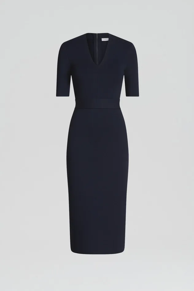 Dresses Women Scanlan Theodore CREPE KNIT V NECK DRESS NAVY
