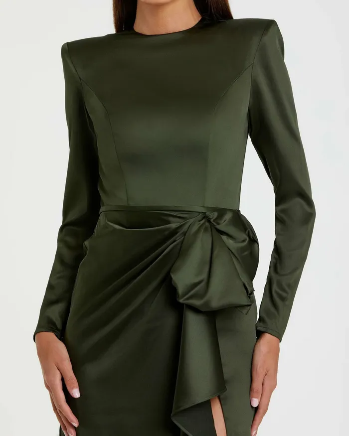 Evening Gowns Women Dark Green Long Sleeve Structured Bow Draped Gown Olive Mac Duggal