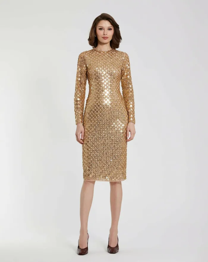 Every Day Dresses Beaded Georgette Long Sleeve Fitted Midi Dress Antique Gold 8211 Mac Duggal Women Every Day Dresses Beaded Georgette Long Sleeve Fitted Midi Dress Antique Gold 8211 Mac Duggal Women