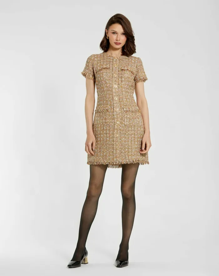 Every Day Dresses Women Mac Duggal Boucle Short Sleeve Mini Dress With Pockets Latte Multi Every Day Dresses Women Mac Duggal Boucle Short Sleeve Mini Dress With Pockets Latte Multi