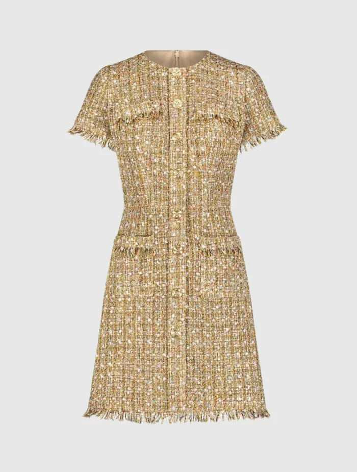 Every Day Dresses Women Mac Duggal Boucle Short Sleeve Mini Dress With Pockets Latte Multi