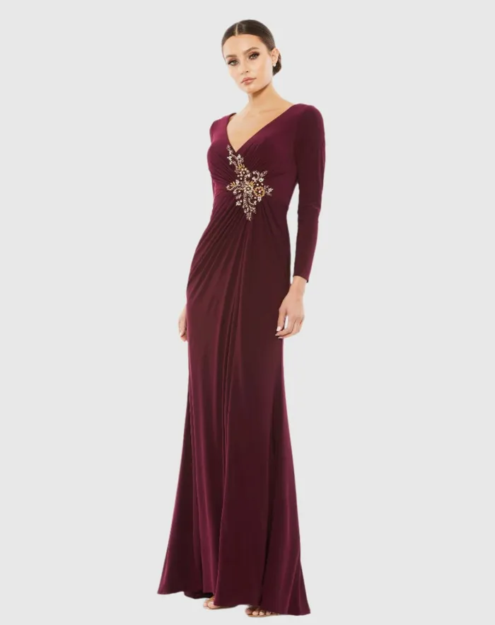 Faux Wrap Long Sleeve Gown w Appliqu Detail Black Best Sellers Mac Duggal Women Faux Wrap Long Sleeve Gown w Appliqu Detail Black Best Sellers Mac Duggal Women