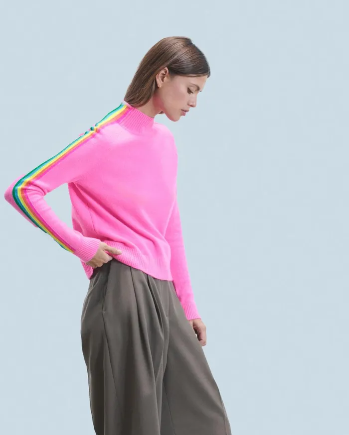 From Future Cashmere Sweaters Women Mock Neck Sweater With Multico Light Sleeve Bands Dreamy Pink