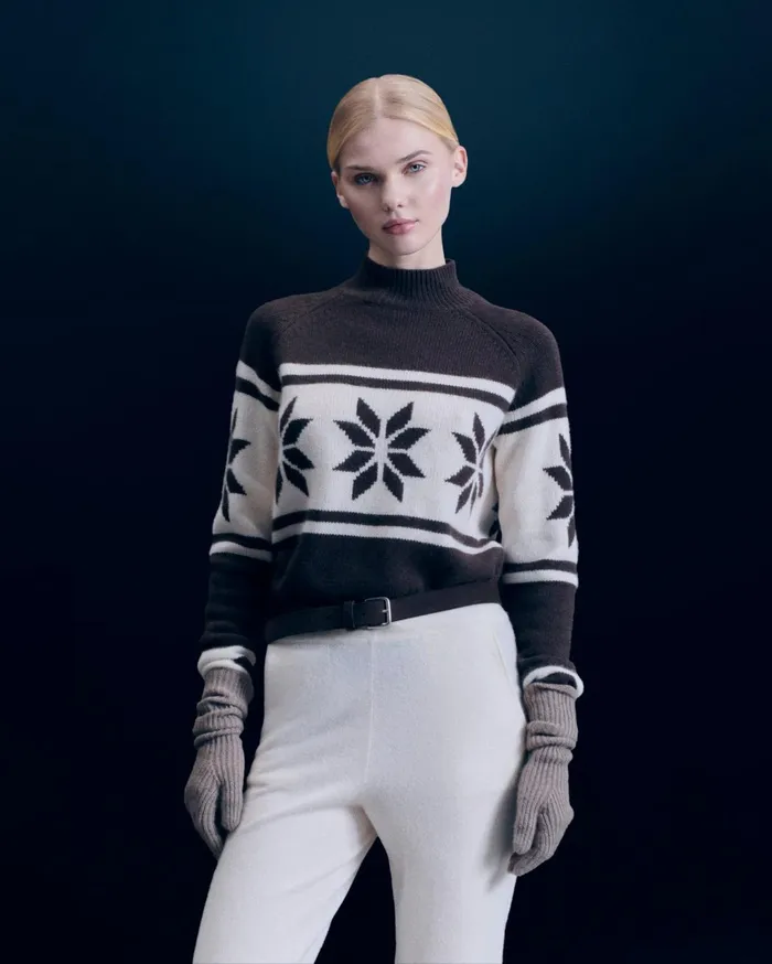 From Future Cashmere Sweaters Women Snowflake Mock Neck Sweater Chocolate
