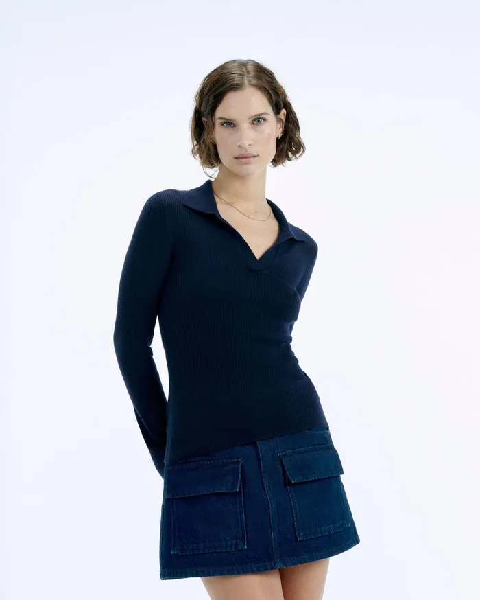 From Future Merino Wool Sweaters Women Jewel Ribbed Polo Neck Sweater Navy