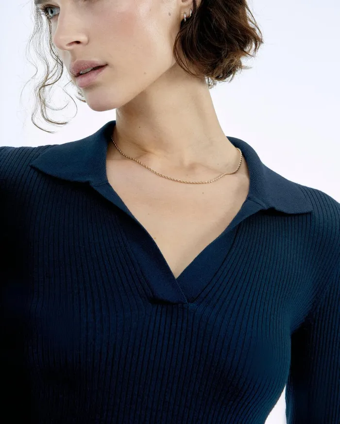 From Future Merino Wool Sweaters Women Jewel Ribbed Polo Neck Sweater Navy