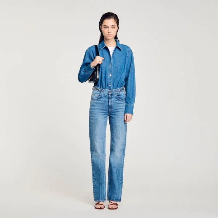 Jumpsuits Women SANDRO Denim Shirt Bodysuit Blue Jean
