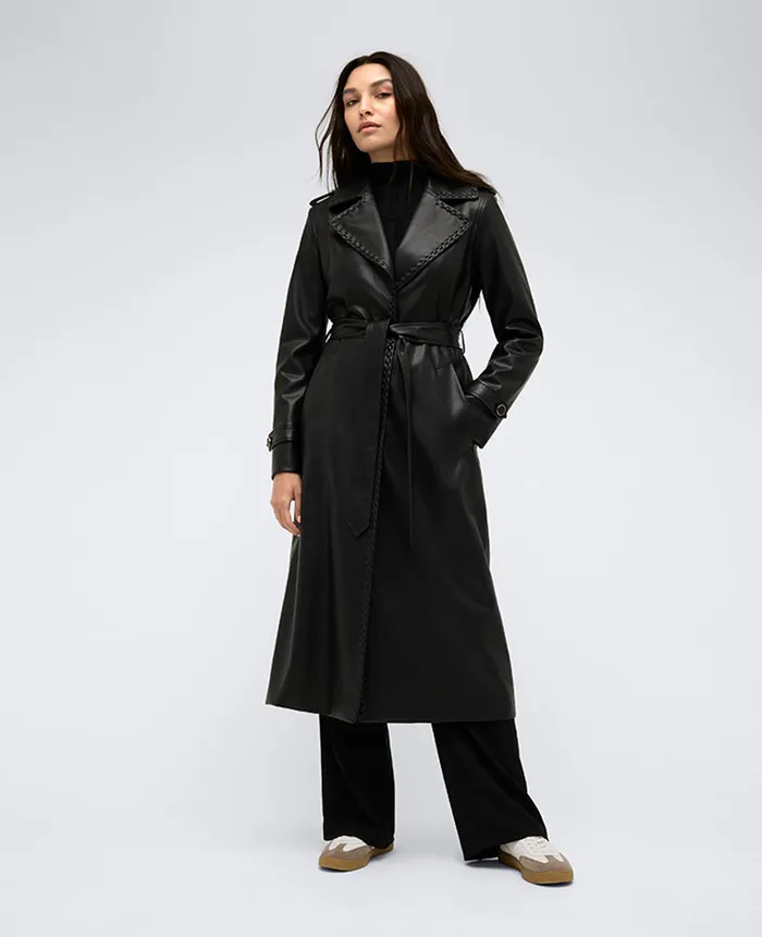 Kenneth Cole Outerwear Women Faux Leather Belted Trench Black Kenneth Cole Outerwear Women Faux Leather Belted Trench Black