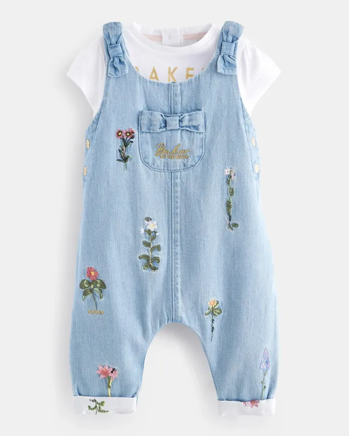 Kids LEMONIE 8211 Embroidered Dungarees And TShirt Set Blue Ted Baker Playsuits and Sets