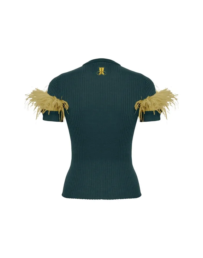 La Doublej High Kick Tee Green In Ribbed Silk Cashmere With Feathers Women Knitwear