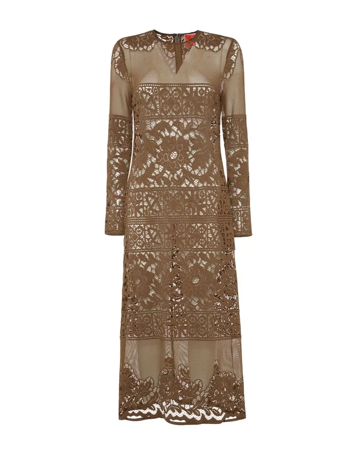 La Doublej Lacey Long Sleeve Swing Dress Military Green In Cotton Lace Women Dresses