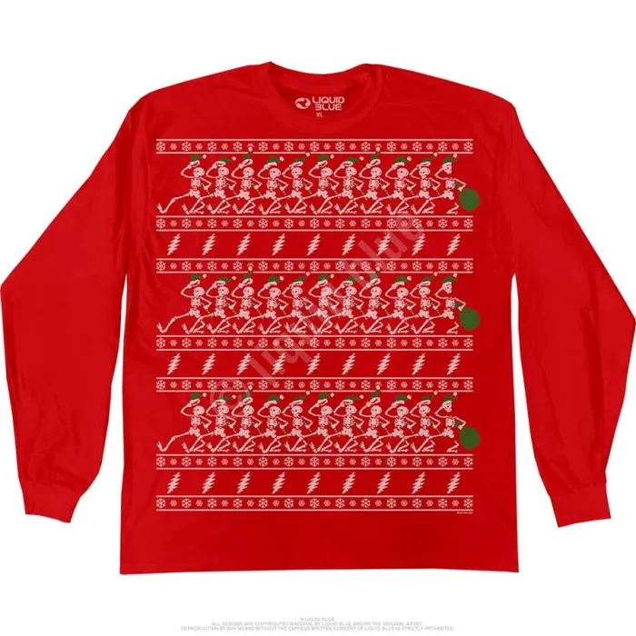 Liquid Blue Long Sleeve Men Dancin Skeletons Xmas Sweater Red Long Sleeve TShirt
