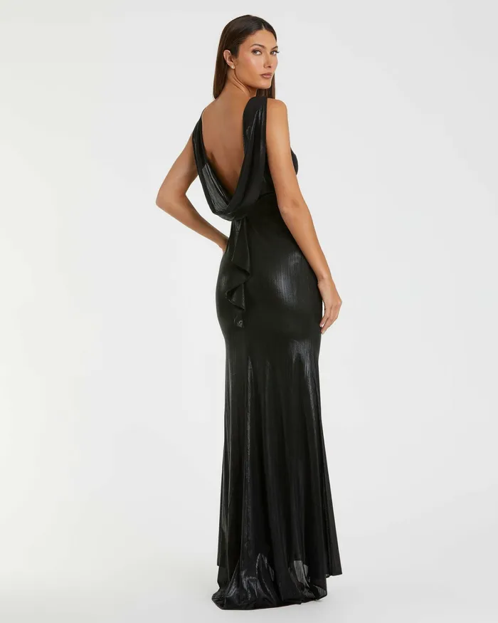 Mac Duggal Best Sellers Women Black Metallic Jersey Cowl Back Column Gown Black
