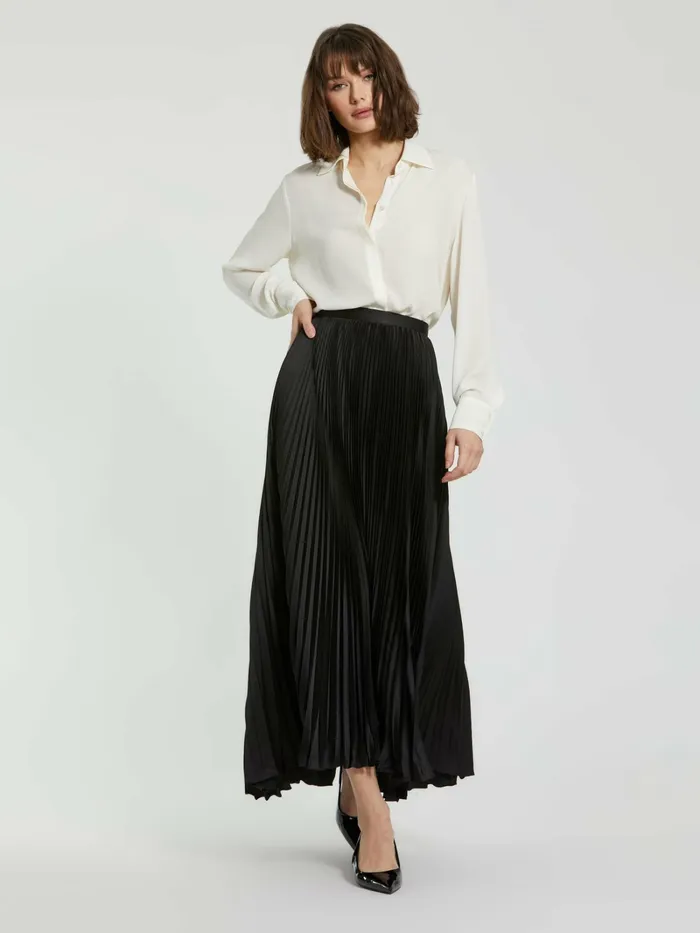 Mac Duggal Black Ankle Length Satin Pleated Skirt Black Women Skirts