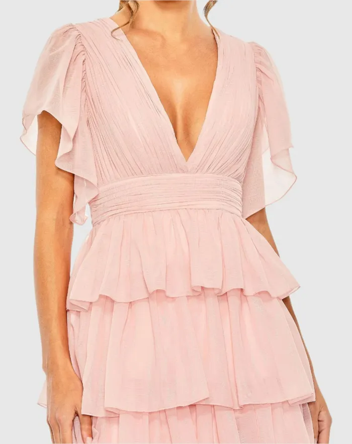 Mac Duggal Pink Flutter Sleeve Ruffle Tiered Gown Petal Pink Women Daytime Dresses Mac Duggal Pink Flutter Sleeve Ruffle Tiered Gown Petal Pink Women Daytime Dresses