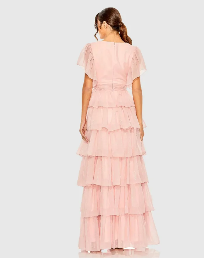 Mac Duggal Pink Flutter Sleeve Ruffle Tiered Gown Petal Pink Women Daytime Dresses Mac Duggal Pink Flutter Sleeve Ruffle Tiered Gown Petal Pink Women Daytime Dresses