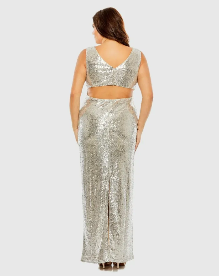 Mac Duggal Sequin Vneck Back Cutout Gown Nude Silver Women Plus Size Dresses Mac Duggal Sequin Vneck Back Cutout Gown Nude Silver Women Plus Size Dresses