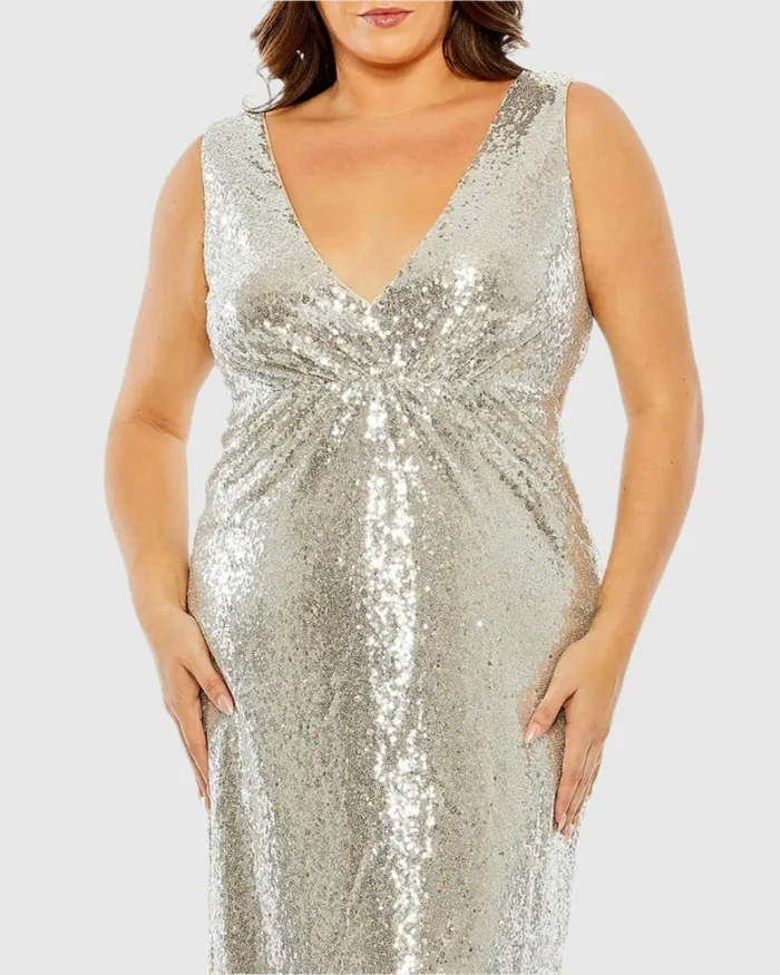 Mac Duggal Sequin Vneck Back Cutout Gown Nude Silver Women Plus Size Dresses Mac Duggal Sequin Vneck Back Cutout Gown Nude Silver Women Plus Size Dresses