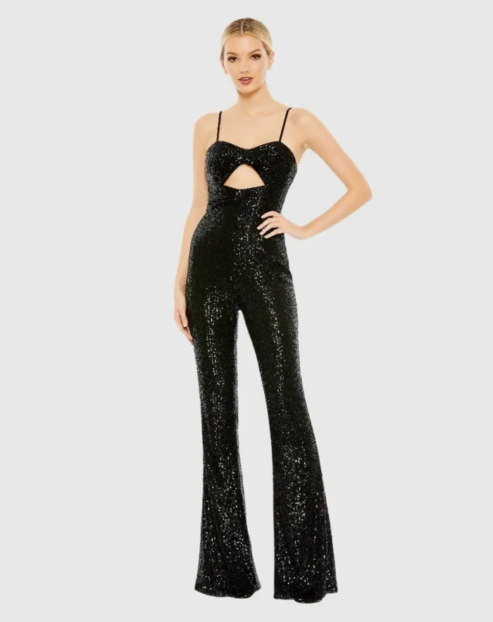 Mac Duggal Sequined Spaghetti Strap Cut Out Jumpsuit 8211 FINAL SALE Black Women Jumpsuits and Rompers Mac Duggal Sequined Spaghetti Strap Cut Out Jumpsuit 8211 FINAL SALE Black Women Jumpsuits and Rompers