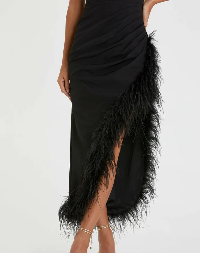 Mac Duggal Sleeveless Faux Wrap Dress with Feather Detail Black Women Daytime Dresses Mac Duggal Sleeveless Faux Wrap Dress with Feather Detail Black Women Daytime Dresses