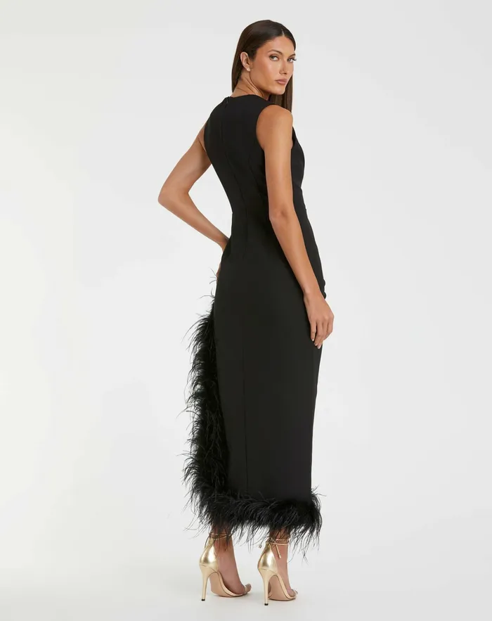 Mac Duggal Sleeveless Faux Wrap Dress with Feather Detail Black Women Daytime Dresses Mac Duggal Sleeveless Faux Wrap Dress with Feather Detail Black Women Daytime Dresses