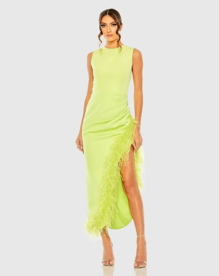 Mac Duggal Sleeveless Faux Wrap Dress with Feather Detail Black Women Daytime Dresses Mac Duggal Sleeveless Faux Wrap Dress with Feather Detail Black Women Daytime Dresses