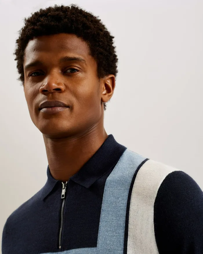Men AMBLER 8211 Colour Block T Wool Polo Shirt Navy Ted Baker Jumpers and Knitwear Men AMBLER 8211 Colour Block T Wool Polo Shirt Navy Ted Baker Jumpers and Knitwear