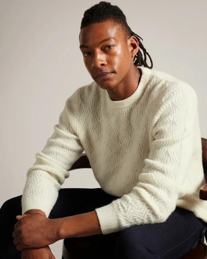 Men ATCHET 8211 Wool Blend Cable Knit Jumper Ecru Ted Baker Jumpers and Knitwear