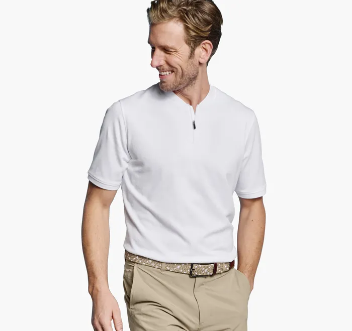 Men Jacquard Zip Polo White Polos and Tees Johnston and Murphy