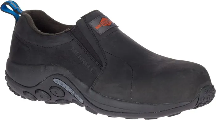 Merrell Jungle Moc Leather Comp Toe Work Shoe Wide Width Black Men SlipOns