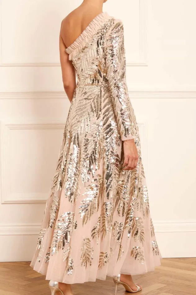 Needle and Thread Dresses Feather Sequin OneShoulder Ankle Gown Beige 8211 Women