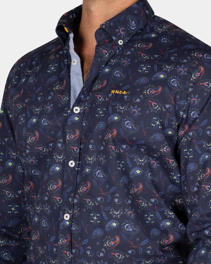 NZA New Zealand Auckland Shirts Dark Blue Shirt With Leaf Print 8211 Winter Navy 8211 Men