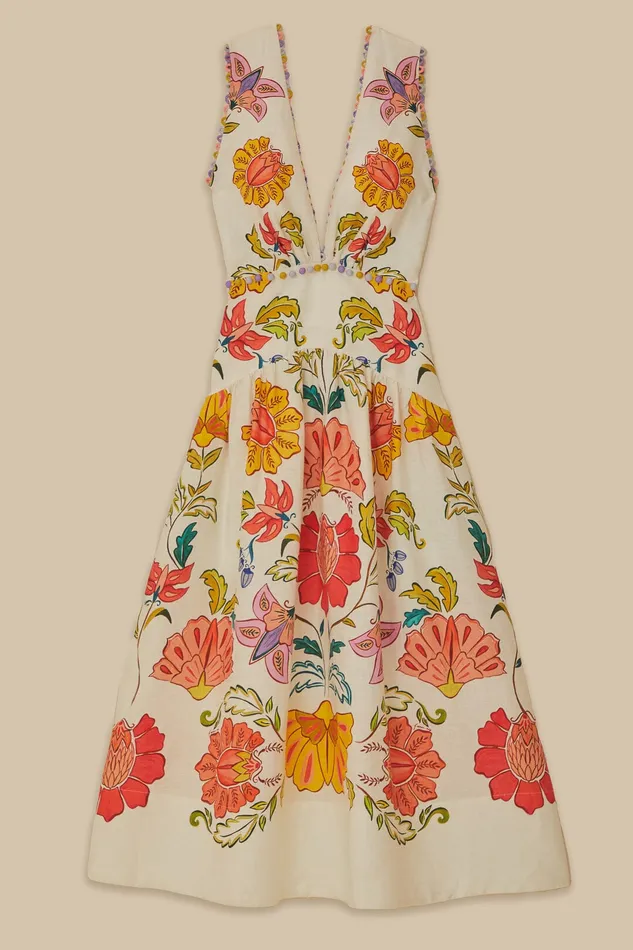 OffWhite Floral Insects Euroflax Premium Linen Maxi Dress Women Farm Rio Maxi Dresses