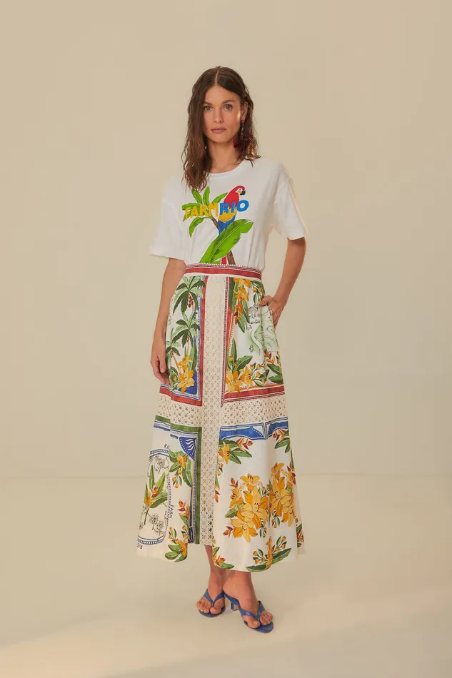 OffWhite Tropical Destination Lenzing Ecovero Euroflax Midi Skirt Women Farm Rio Skirts