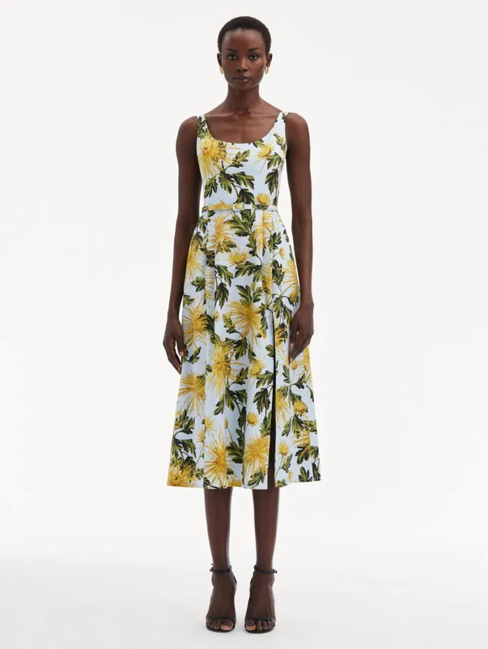 Oscar De La Renta Chrysanthemum Cotton Poplin Tank Dress Yellow Light Blue Women Dresses Oscar De La Renta Chrysanthemum Cotton Poplin Tank Dress Yellow Light Blue Women Dresses
