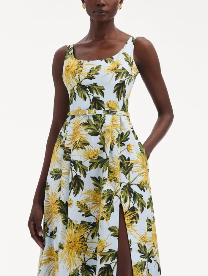 Oscar De La Renta Chrysanthemum Cotton Poplin Tank Dress Yellow Light Blue Women Dresses Oscar De La Renta Chrysanthemum Cotton Poplin Tank Dress Yellow Light Blue Women Dresses