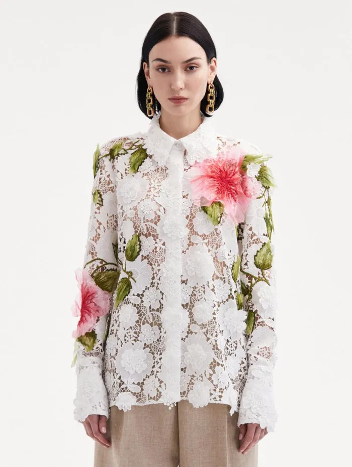 Oscar De La Renta Hibiscus Embroidered Floral Guipure Blouse White Women Blouses and Knits Oscar De La Renta Hibiscus Embroidered Floral Guipure Blouse White Women Blouses and Knits